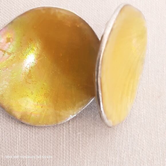 Chicos Disc Earrings Luminescent Yellow Enamel On SIlver Tone Concave Metal - Picture 8 of 8